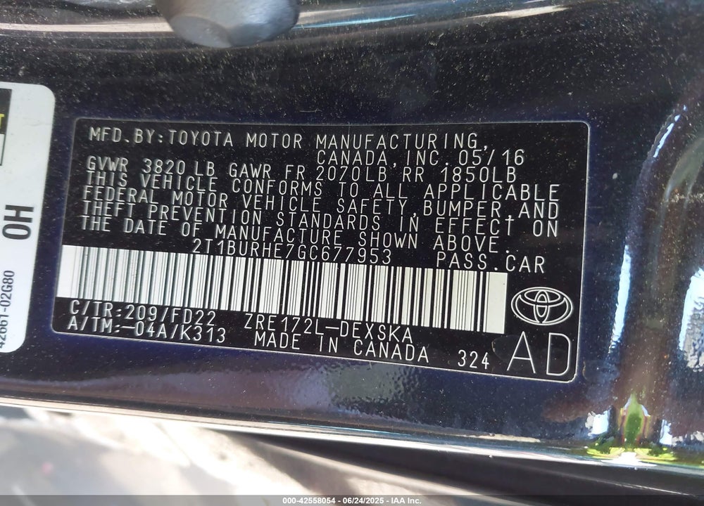 2016 TOYOTA COROLLA VIN: 2T1BURHE7GC677953