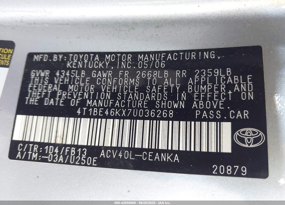 2007 TOYOTA CAMRY VIN: 4T1BE46KX7U036268