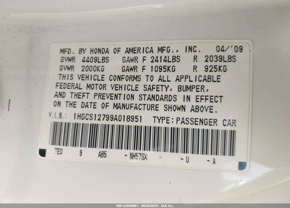 2009 HONDA ACCORD VIN: 1HGCS12799A018951
