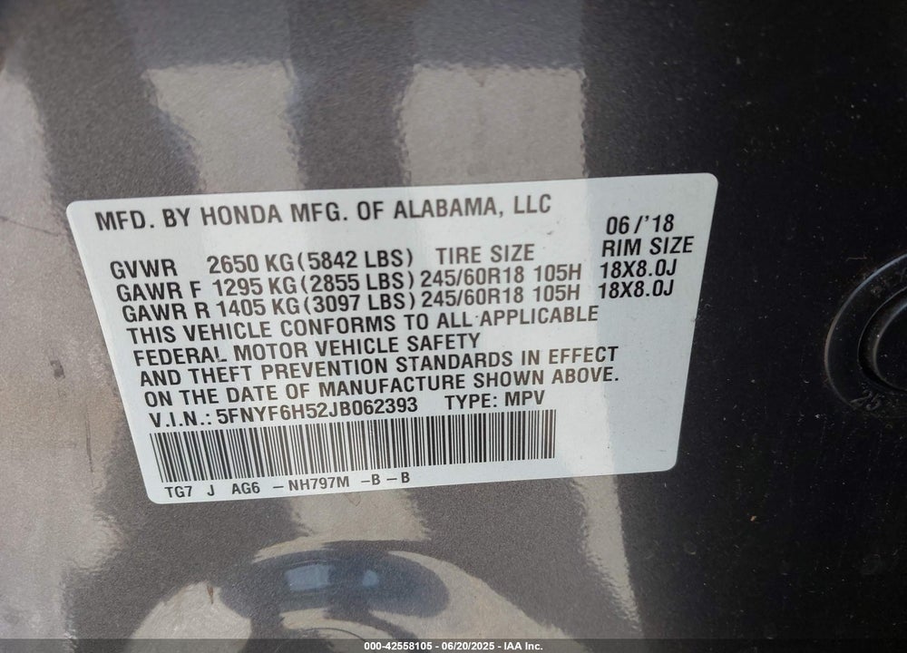 2018 HONDA PILOT VIN: 5FNYF6H52JB062393