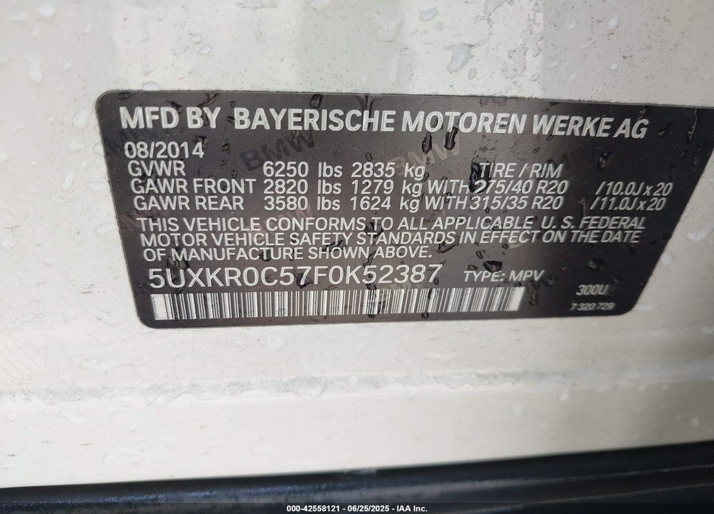 2015 BMW X5 VIN: 5UXKR0C57F0K52387