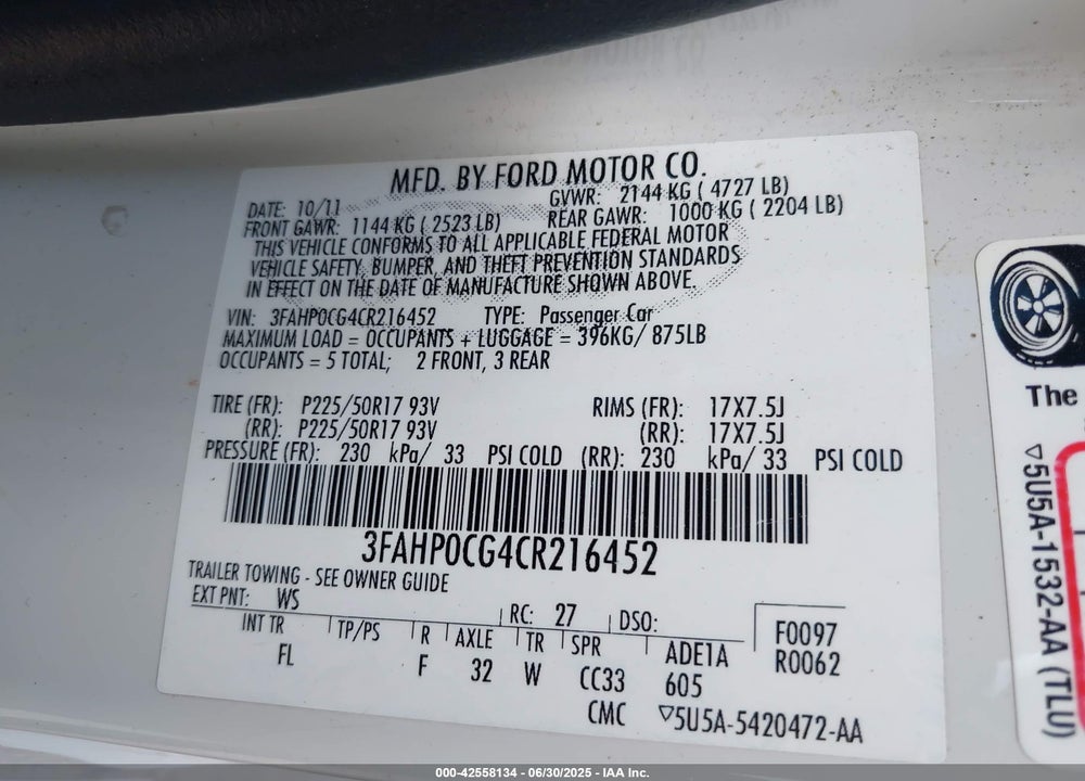 2012 FORD FUSION SEL VIN: 3FAHP0CG4CR216452