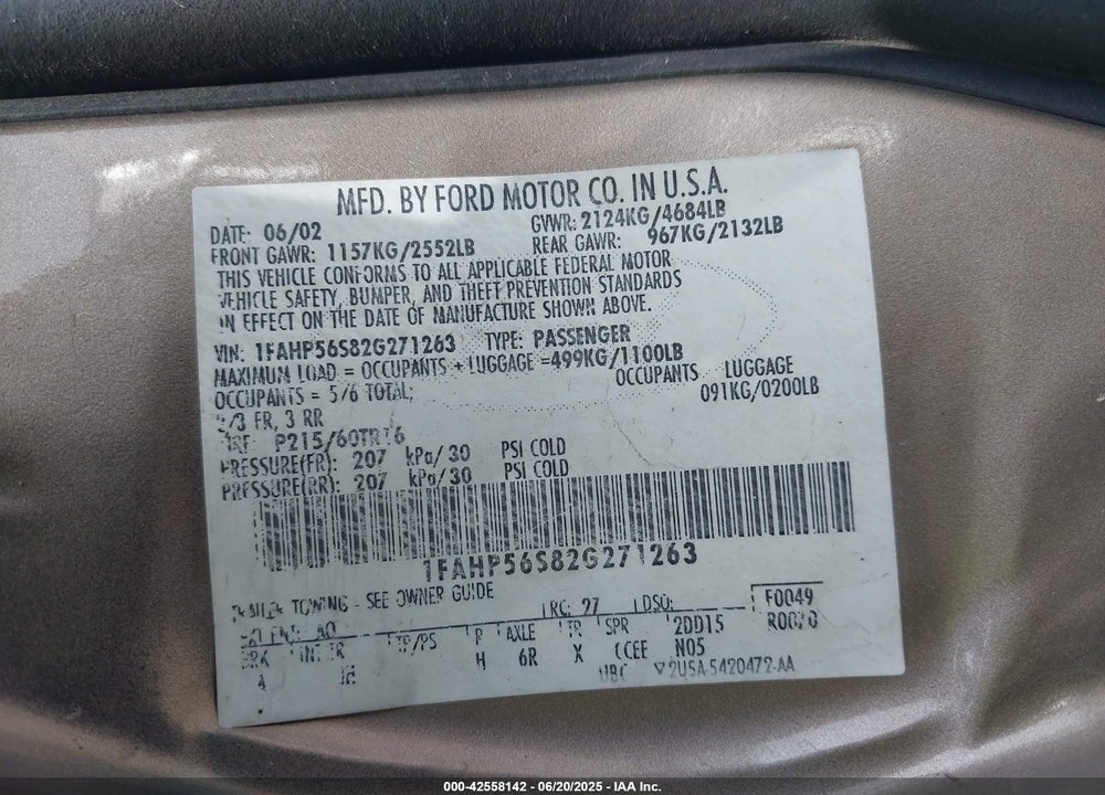 2002 FORD TAURUS SEL VIN: 1FAHP56S82G271263