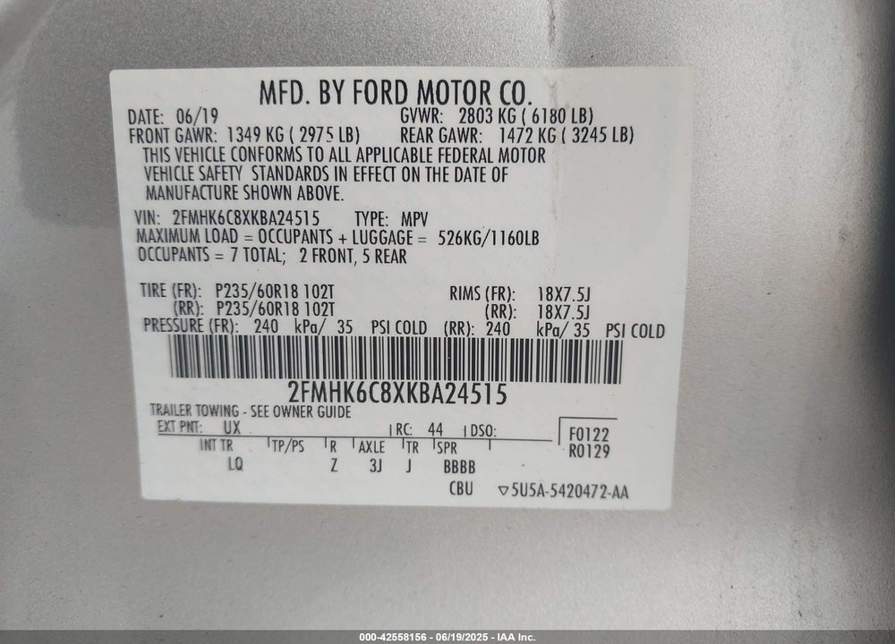 2019 FORD FLEX VIN: 2FMHK6C8XKBA24515