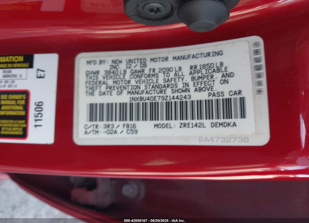 2009 TOYOTA COROLLA VIN: 1NXBU40E79Z144243