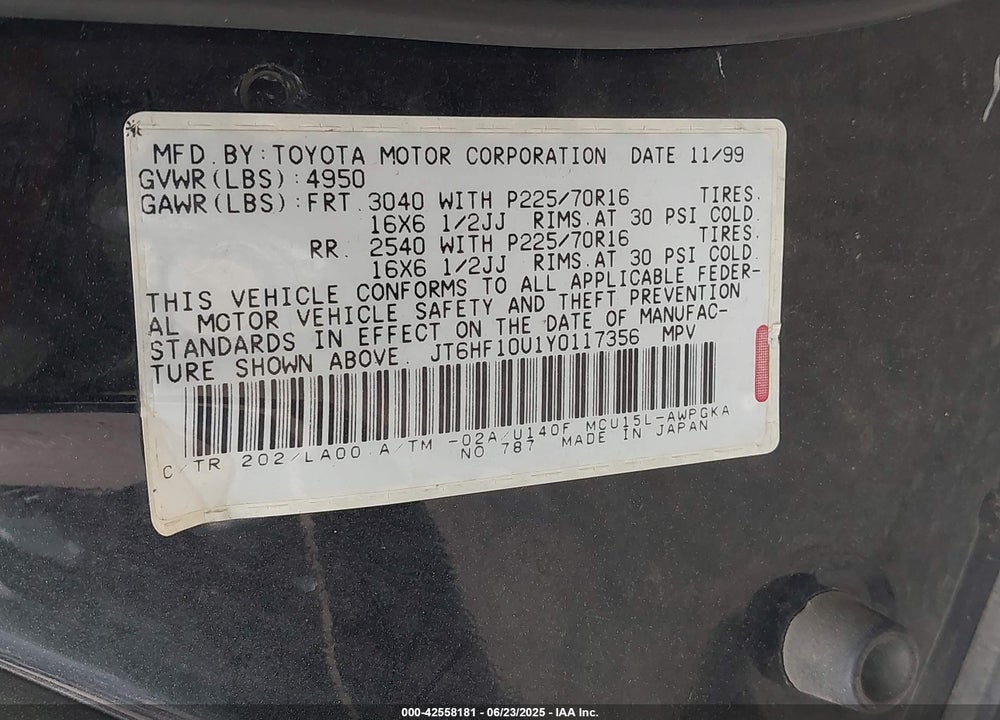 2000 LEXUS RX 300 VIN: JT6HF10U1Y0117356