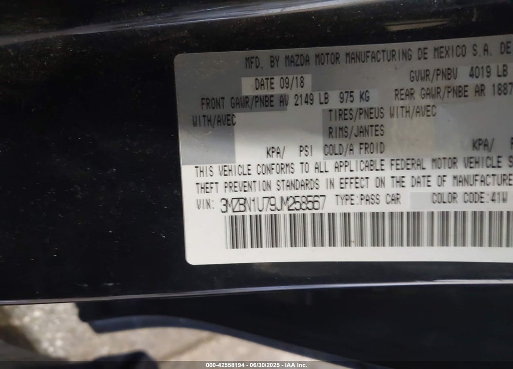 2018 MAZDA MAZDA3 VIN: 3MZBN1U79JM258567