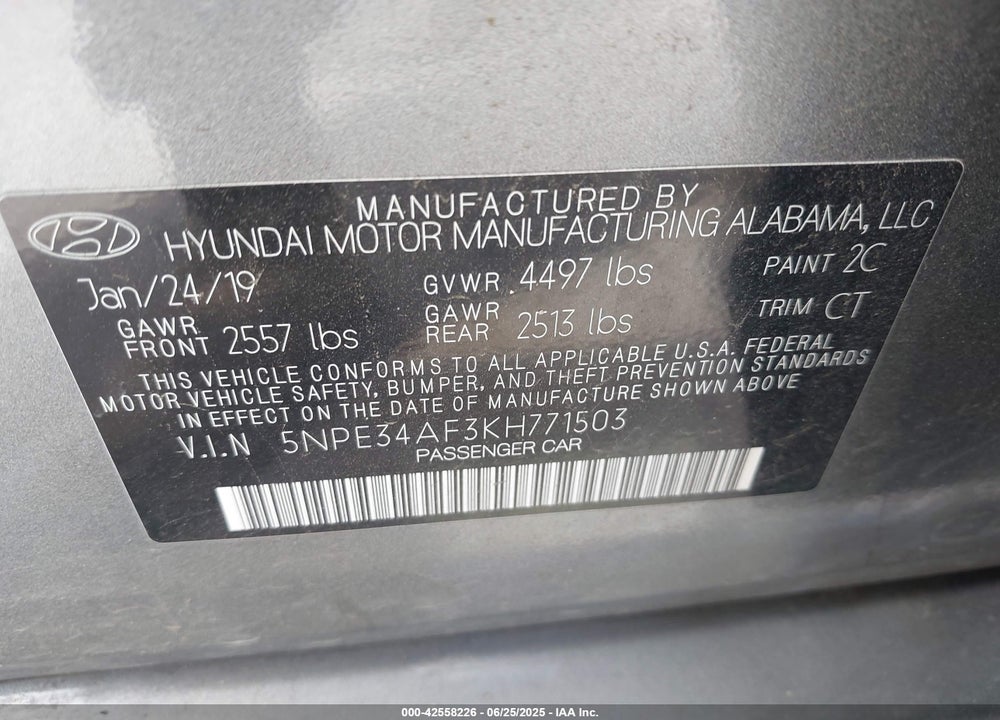 2019 HYUNDAI SONATA VIN: 5NPE34AF3KH771503