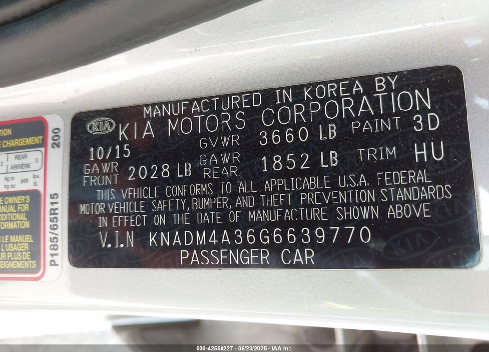 2016 KIA RIO VIN: KNADM4A36G6639770