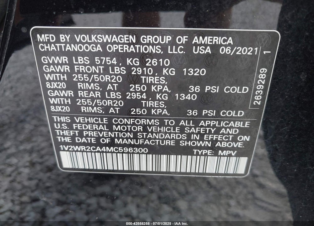 2021 VOLKSWAGEN ATLAS 3.6L V6 SE W/TECHNOLOGY VIN: 1V2WR2CA4MC596300