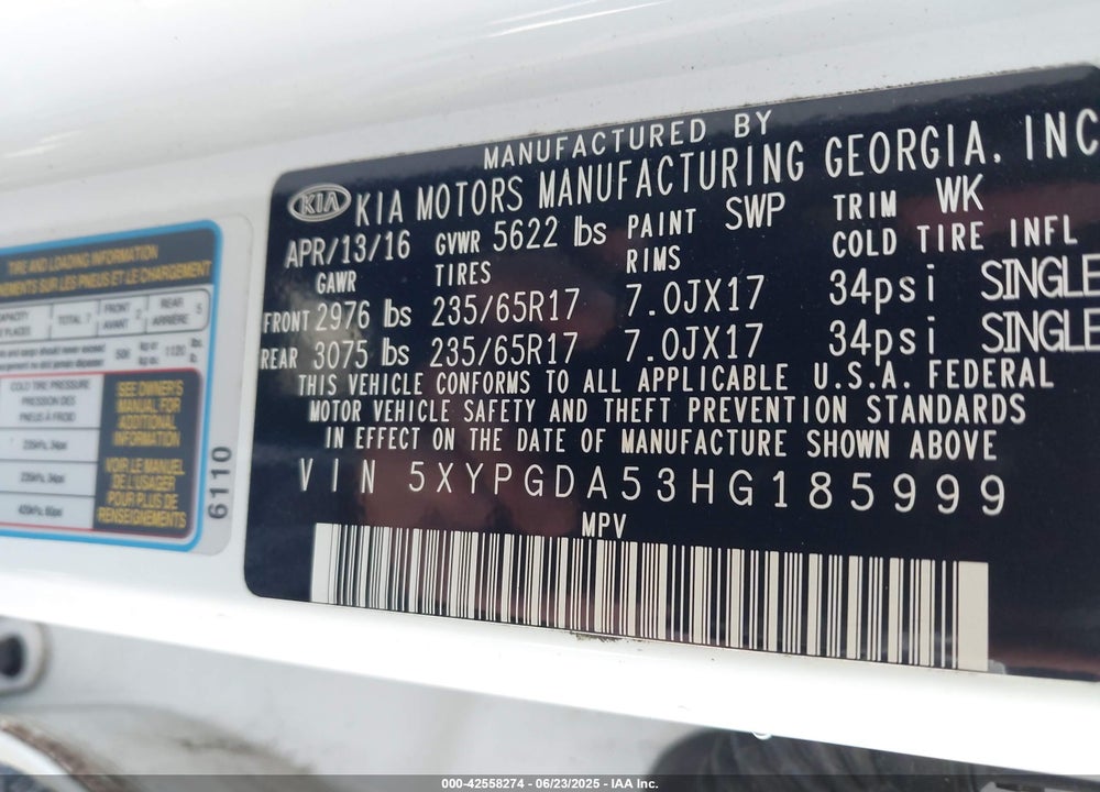 2017 KIA SORENTO VIN: 5XYPGDA53HG185999
