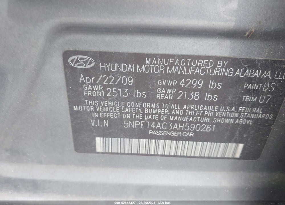 2010 HYUNDAI SONATA GLS VIN: 5NPET4AC3AH590261