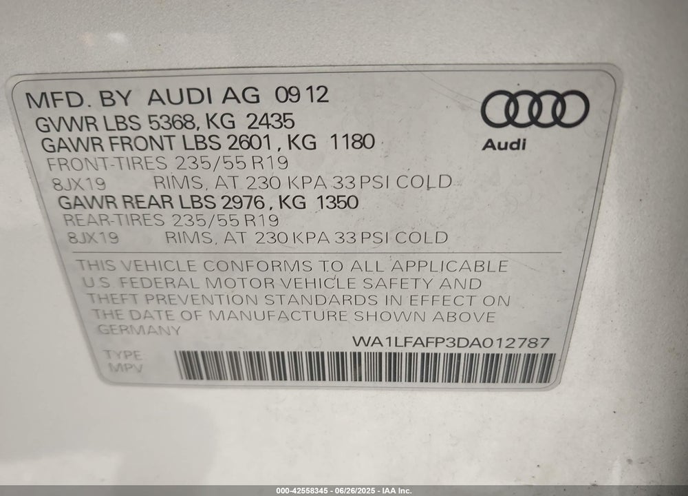 2013 AUDI Q5 VIN: WA1LFAFP3DA012787