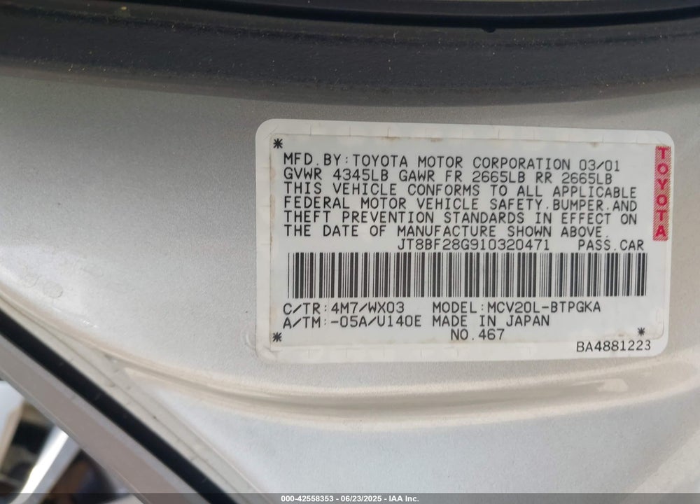 2001 LEXUS ES 300 VIN: JT8BF28G910320471