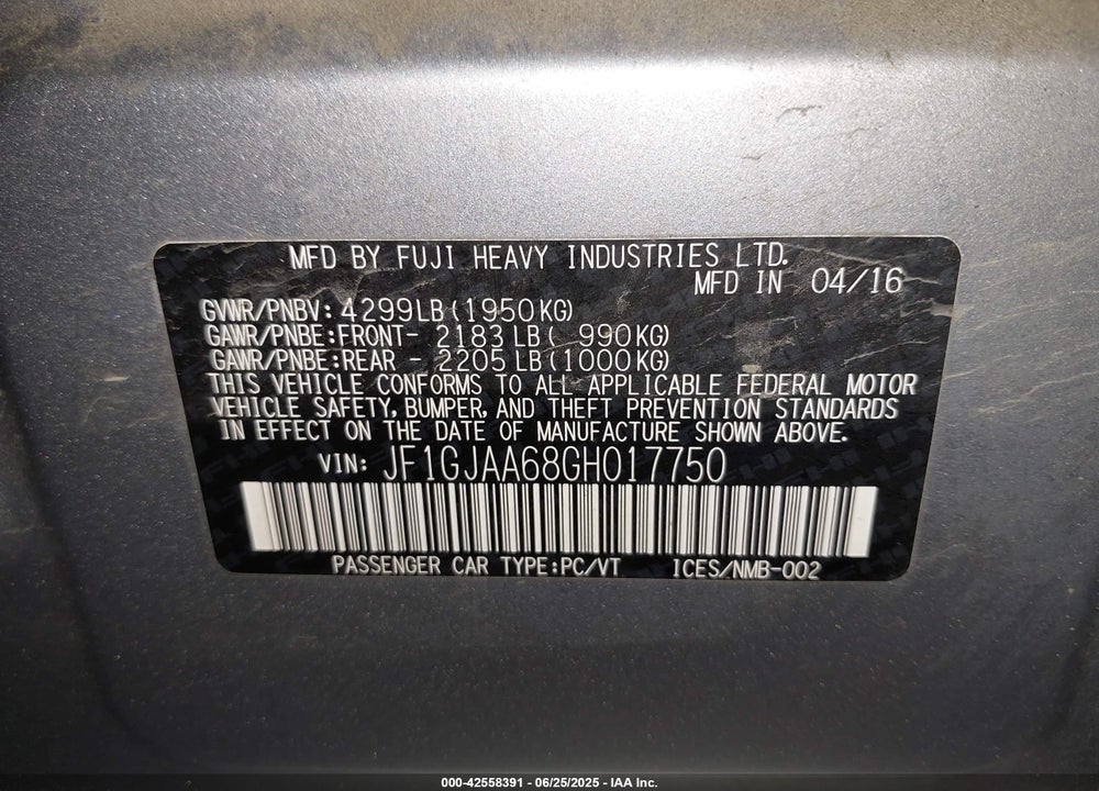 2016 SUBARU IMPREZA VIN: JF1GJAA68GH017750