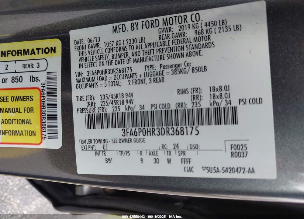 2013 FORD FUSION VIN: 3FA6P0HR3DR368175