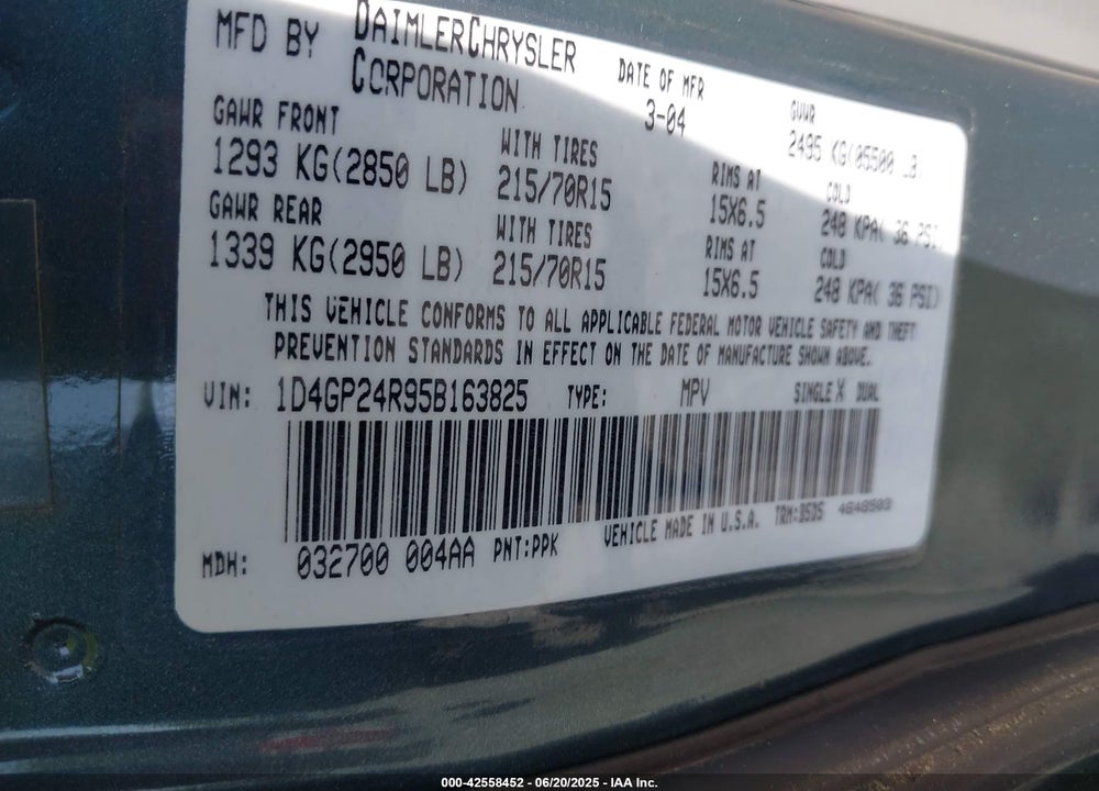 2005 DODGE GRAND CARAVAN SE VIN: 1D4GP24R95B163825