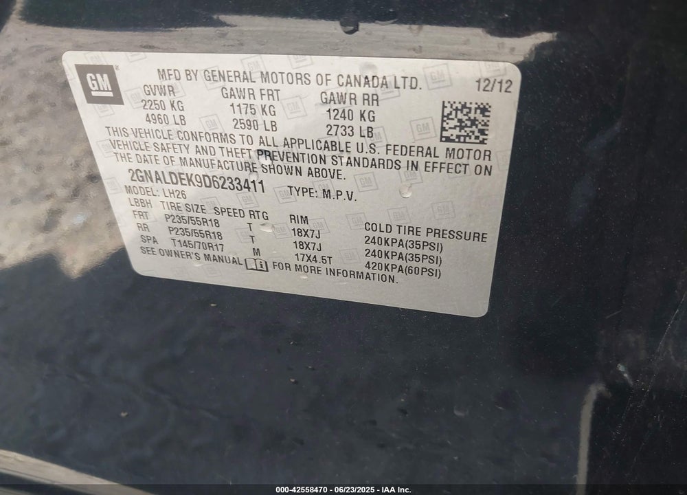 2013 CHEVROLET EQUINOX 1LT VIN: 2GNALDEK9D6233411