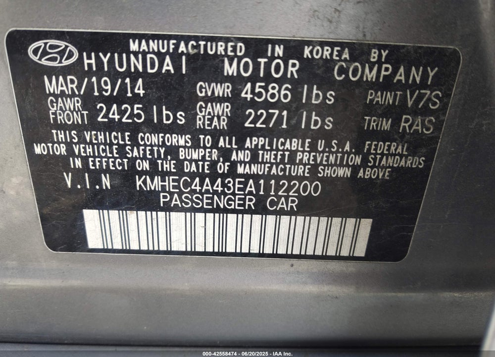 2014 HYUNDAI SONATA HYBRID LIMITED VIN: KMHEC4A43EA112200