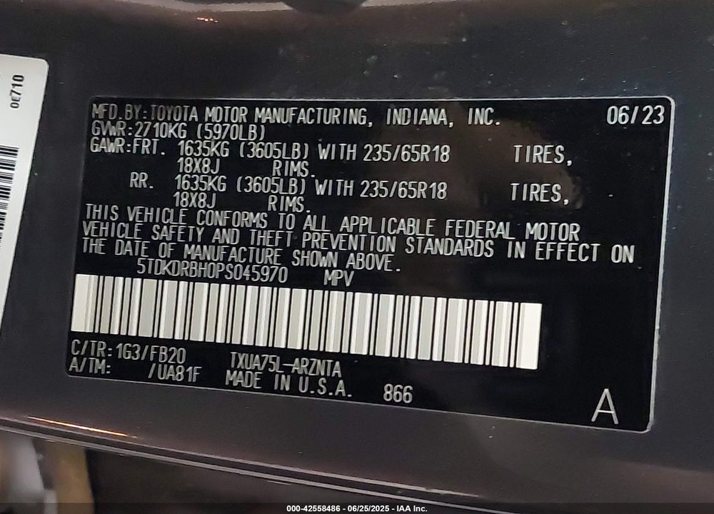 2023 TOYOTA HIGHLANDER L VIN: 5TDKDRBH0PS045970