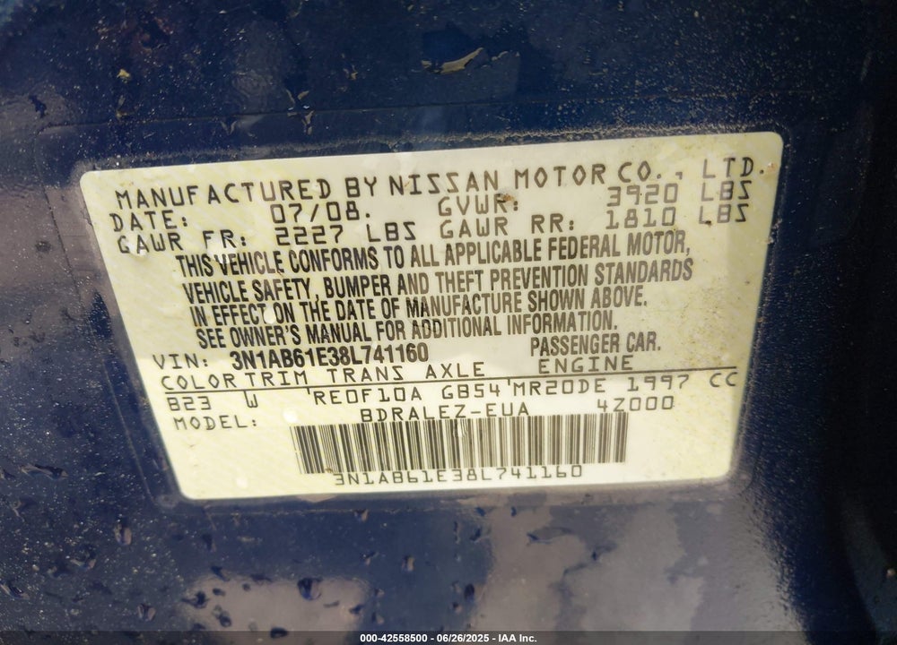 2008 NISSAN SENTRA VIN: 3N1AB61E38L741160