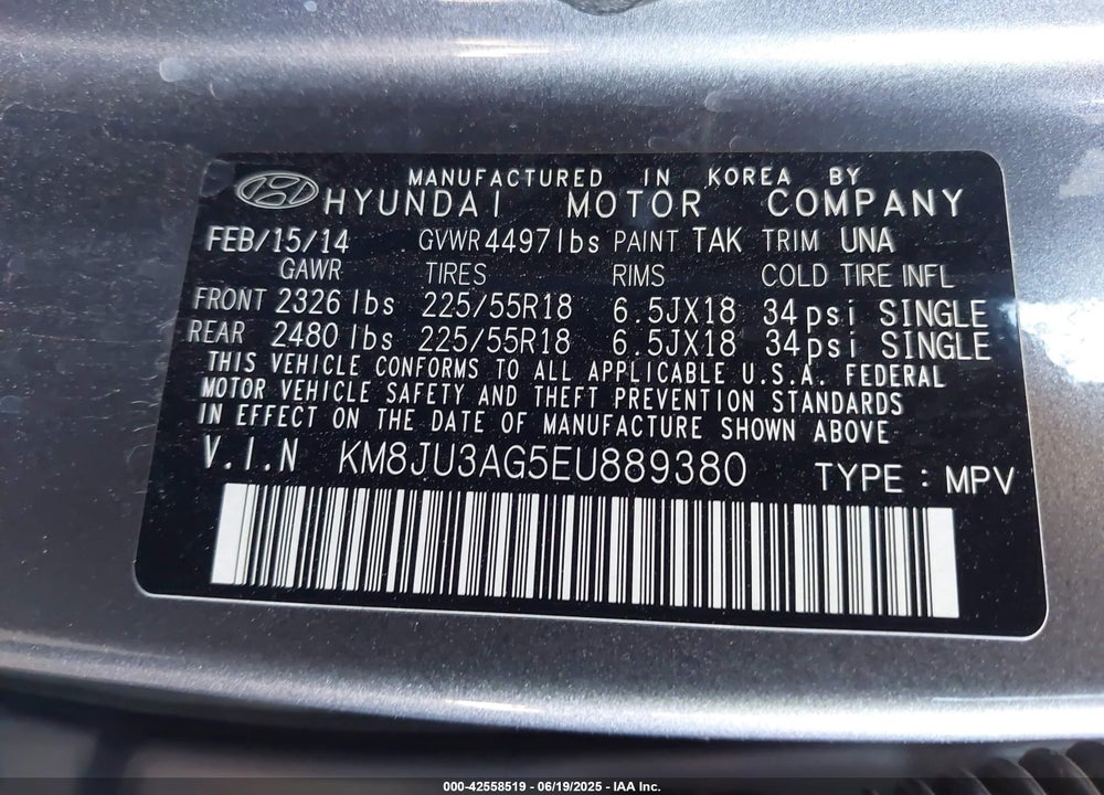 2014 HYUNDAI TUCSON VIN: KM8JU3AG5EU889380