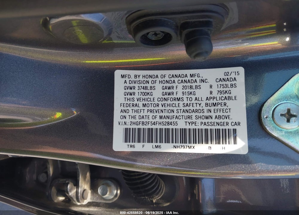 2015 HONDA CIVIC LX VIN: 2HGFB2F54FH528455