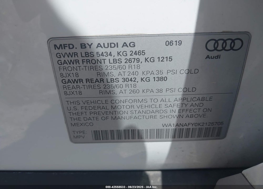 2019 AUDI Q5 45 PREMIUM VIN: WA1ANAFY0K2125705