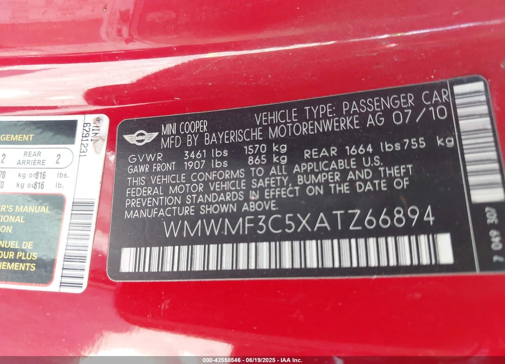 2010 MINI COOPER VIN: WMWMF3C5XATZ66894