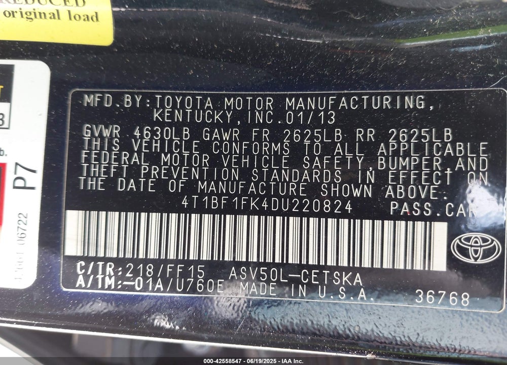2013 TOYOTA CAMRY SE VIN: 4T1BF1FK4DU220824