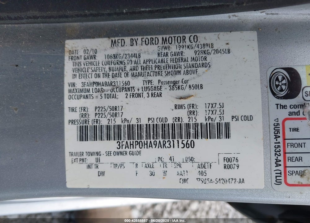 2010 FORD FUSION VIN: 3FAHP0HA9AR311560