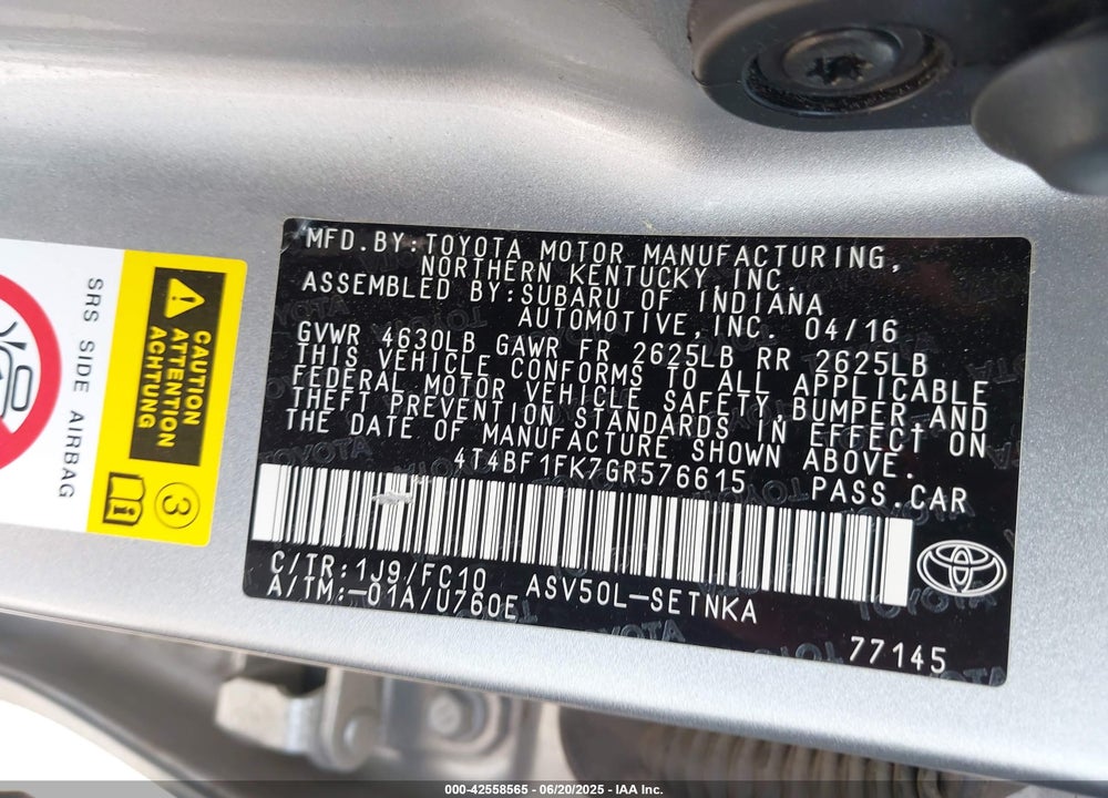 2016 TOYOTA CAMRY VIN: 4T4BF1FK7GR576615