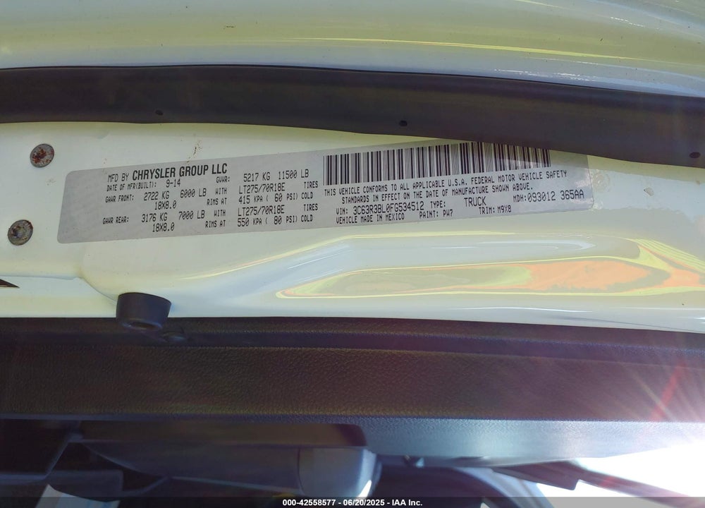 2015 RAM 3500 SLT VIN: 3C63R3BL0FG534512