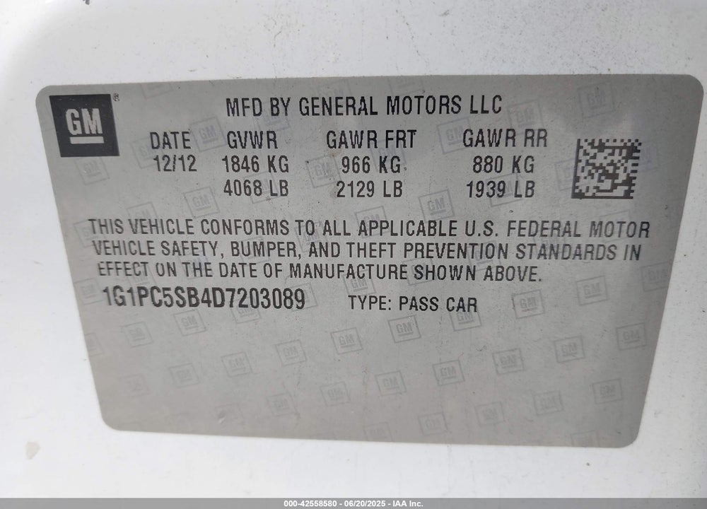 2013 CHEVROLET CRUZE VIN: 1G1PC5SB4D7203089