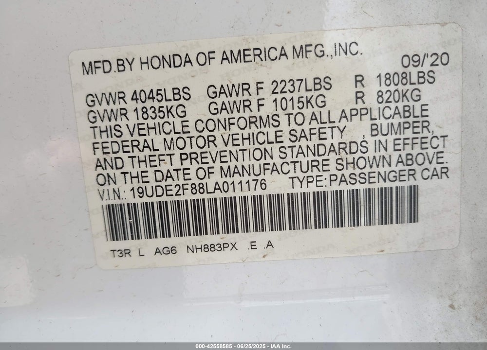 2020 ACURA ILX VIN: 19UDE2F88LA011176