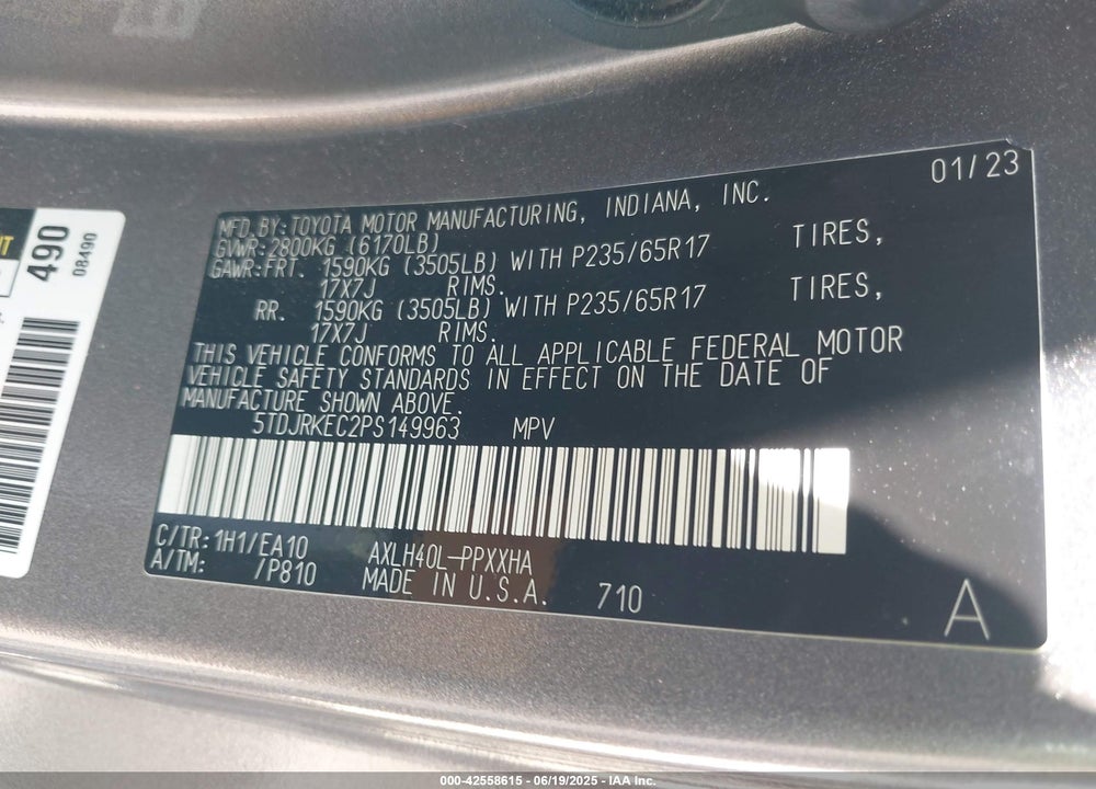 2023 TOYOTA SIENNA XLE VIN: 5TDJRKEC2PS149963