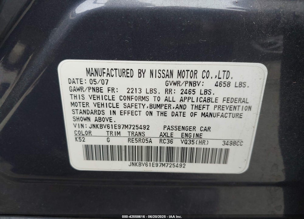 2007 INFINITI G35 JOURNEY VIN: JNKBV61E97M725492