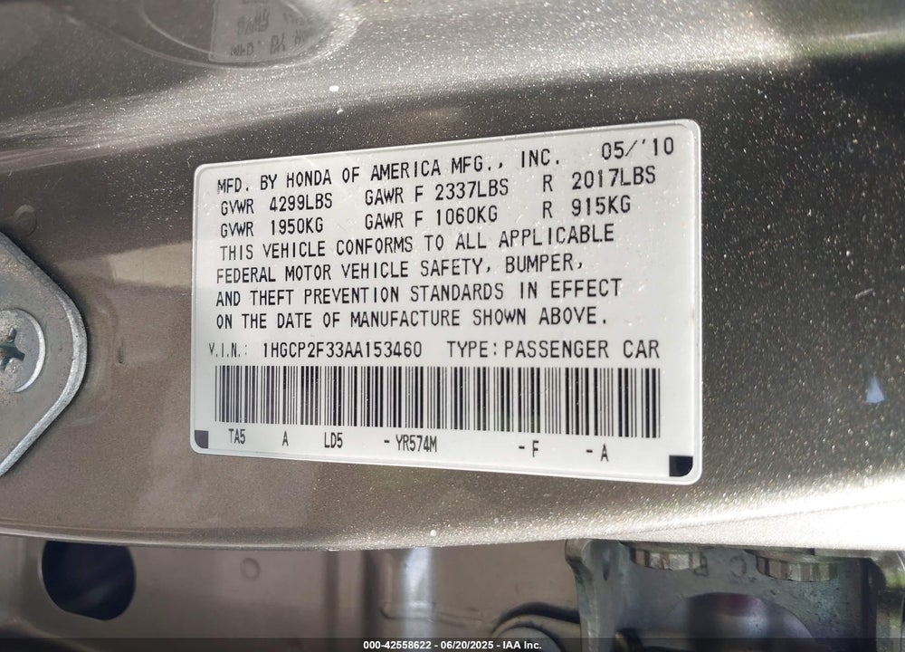 2010 HONDA ACCORD 2.4 LX VIN: 1HGCP2F33AA153460