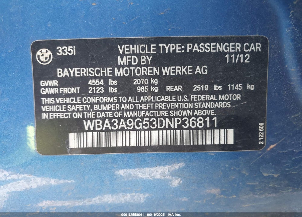 2013 BMW 335I VIN: WBA3A9G53DNP36811