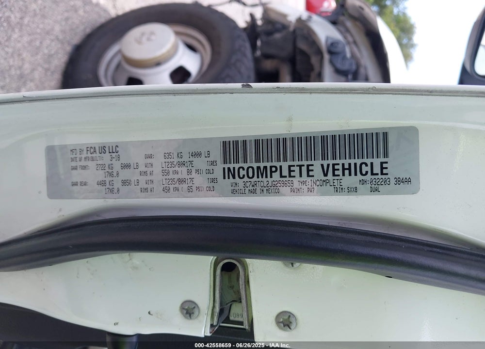 2018 RAM 3500 CHASSIS TRADESMAN/SLT/LAIE VIN: 3C7WRTCL2JG259659