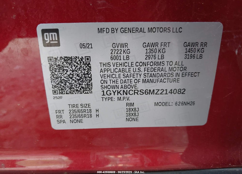 2021 CADILLAC XT5 VIN: 1GYKNCRS6MZ214082