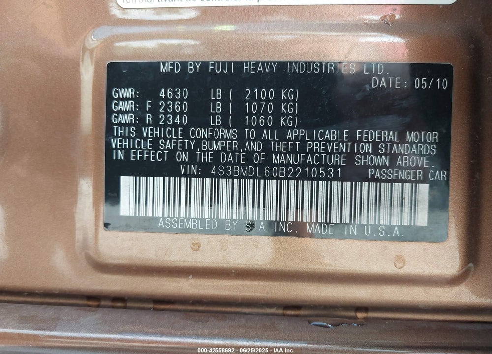 2011 SUBARU LEGACY VIN: 4S3BMDL60B2210531