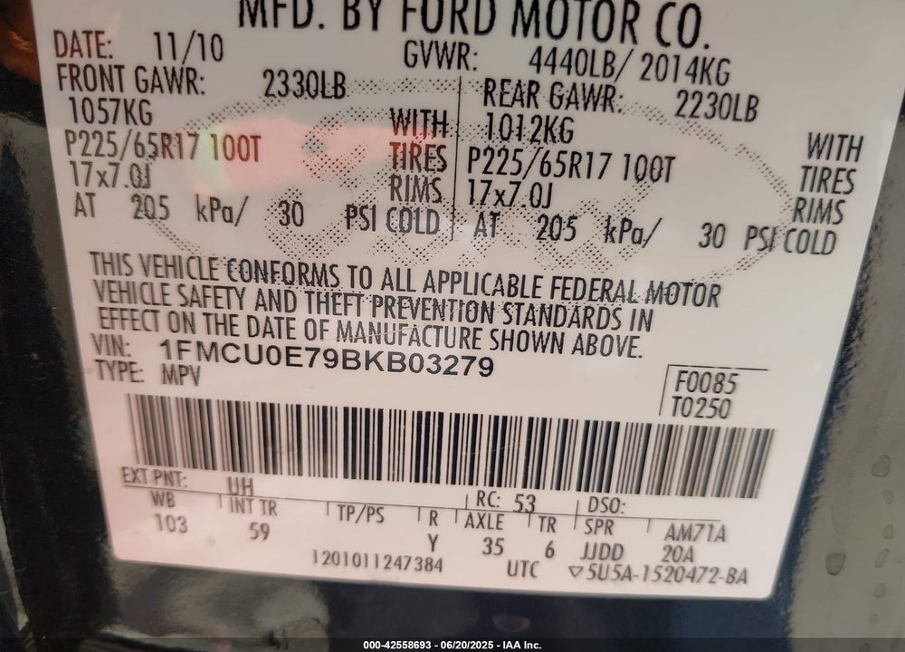 2011 FORD ESCAPE VIN: 1FMCU0E79BKB03279