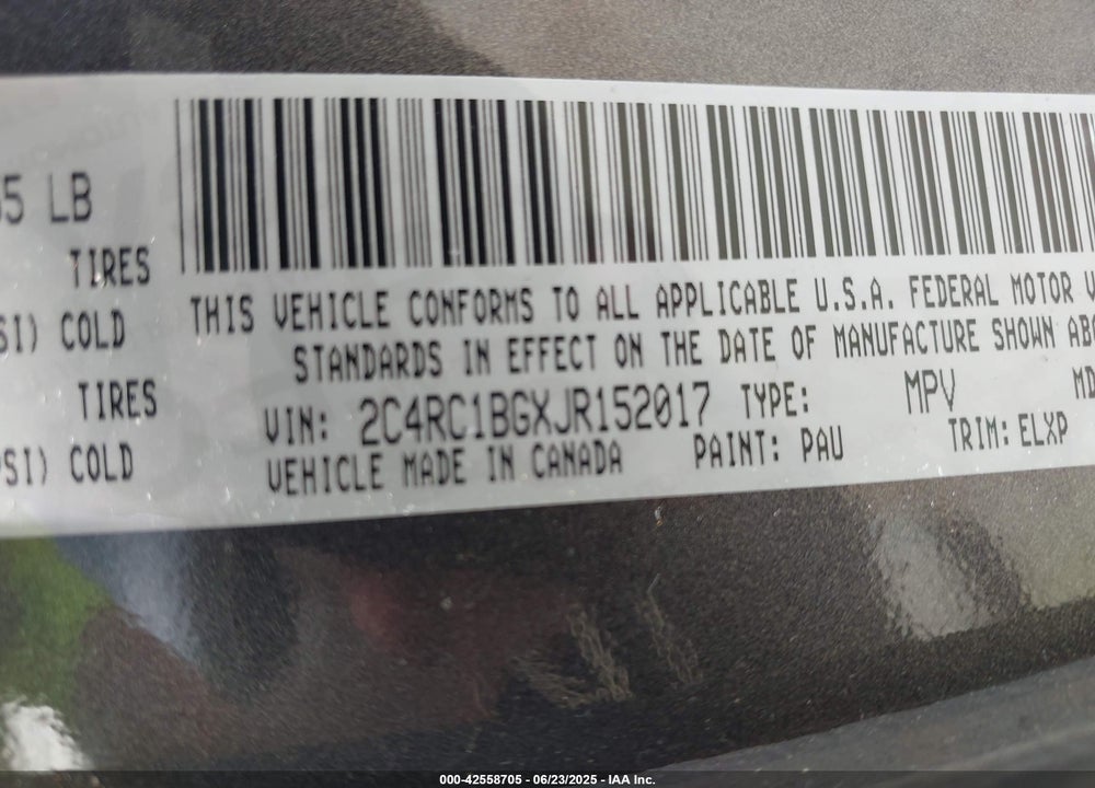 2018 CHRYSLER PACIFICA TOURING L VIN: 2C4RC1BGXJR152017