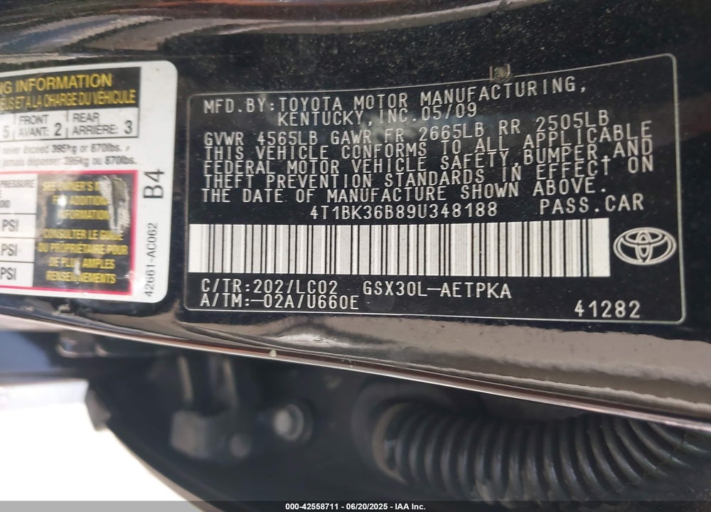 2009 TOYOTA AVALON VIN: 4T1BK36B89U348188