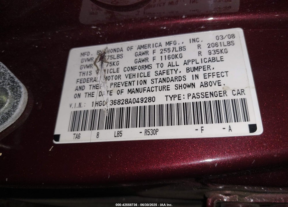 2008 HONDA ACCORD 3.5 EX-L VIN: 1HGCP36828A049280