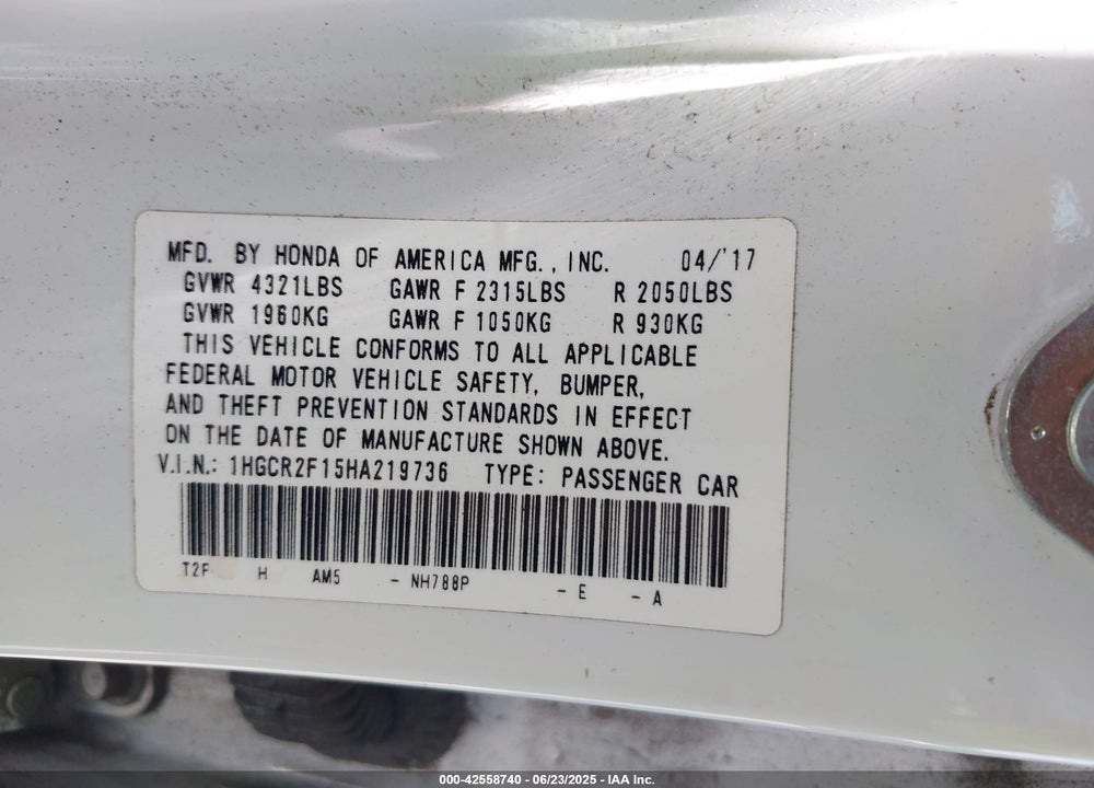 2017 HONDA ACCORD VIN: 1HGCR2F15HA219736