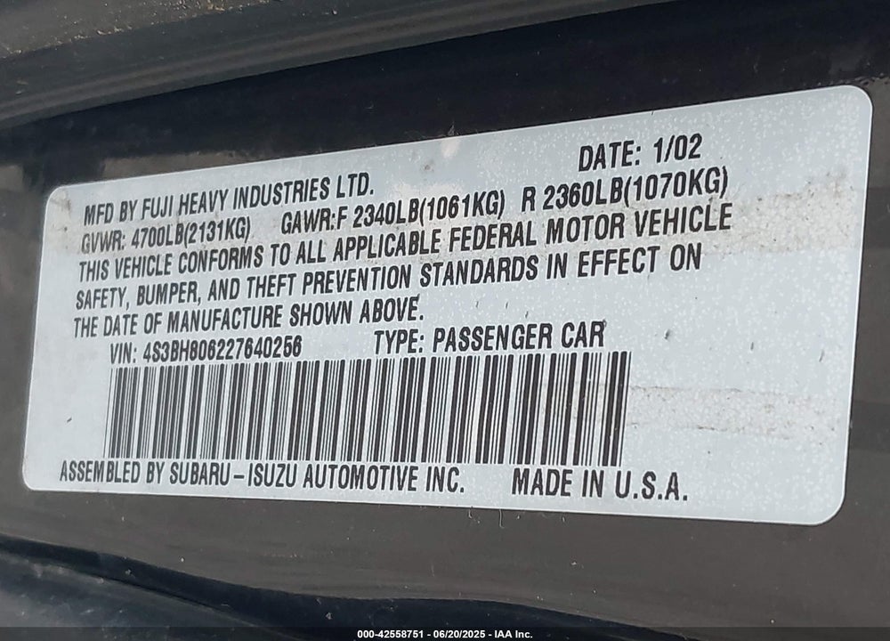 2002 SUBARU OUTBACK H6-3.0 L.L. BEAN EDITION VIN: 4S3BH806227640256