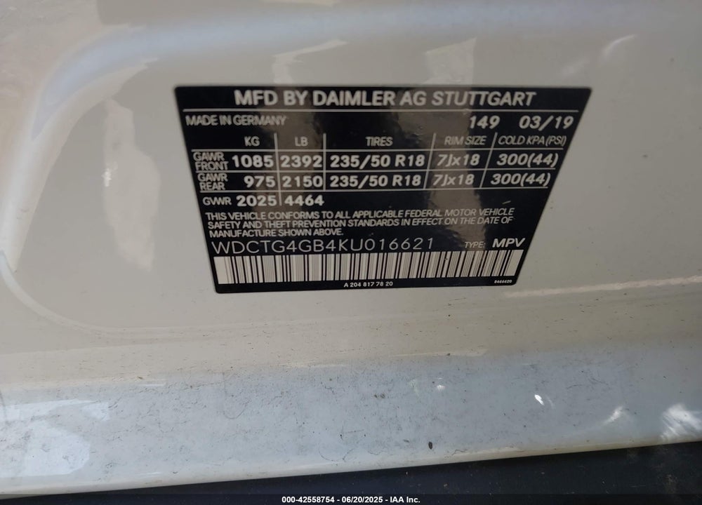 2019 MERCEDES-BENZ GLA 250 4MATIC VIN: WDCTG4GB4KU016621