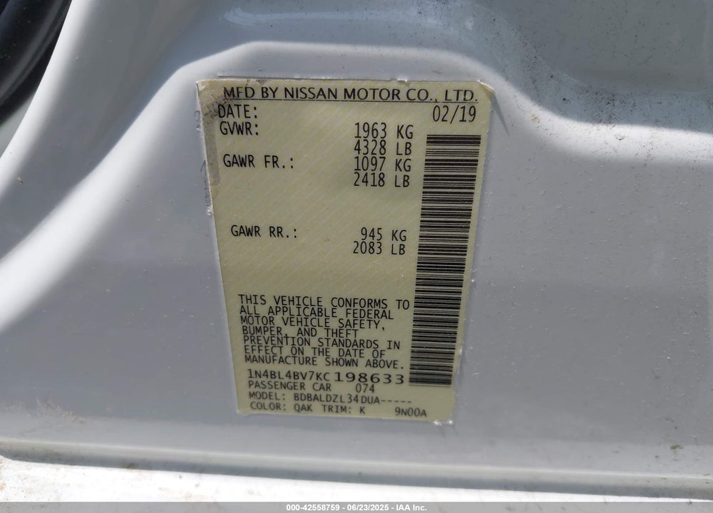 2019 NISSAN ALTIMA 2.5 S VIN: 1N4BL4BV7KC198633